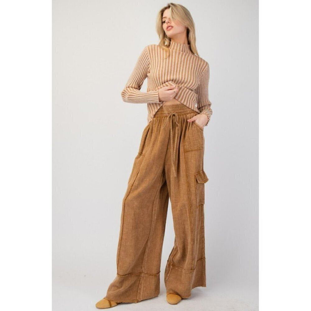 Roxie Cotton Gauze Mineral Washed Wide Leg Pants in Camel - Picture 2 of 5